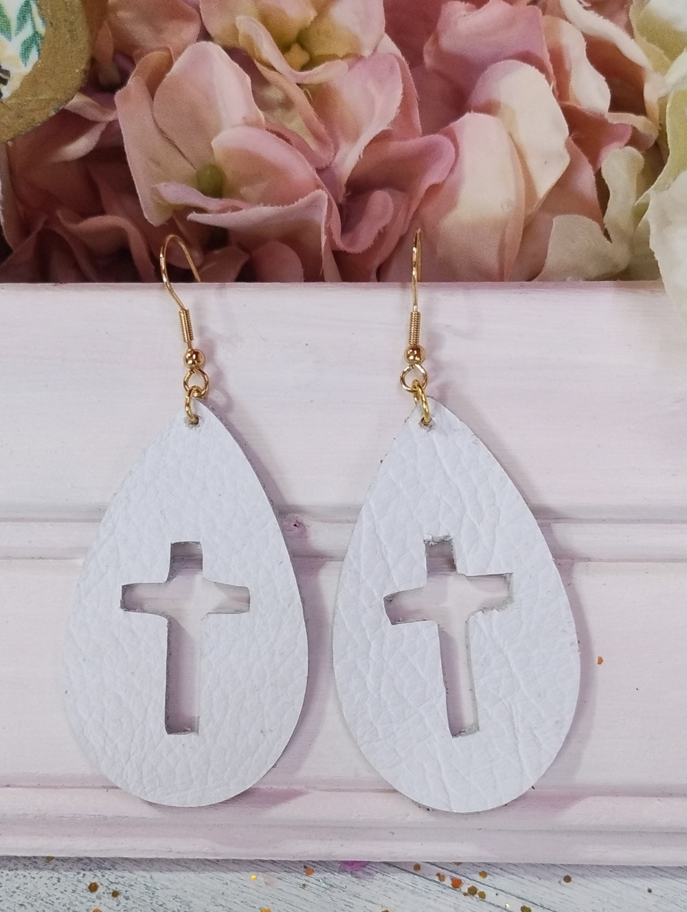 White Leather Teardrop Cross Cutout Earrings